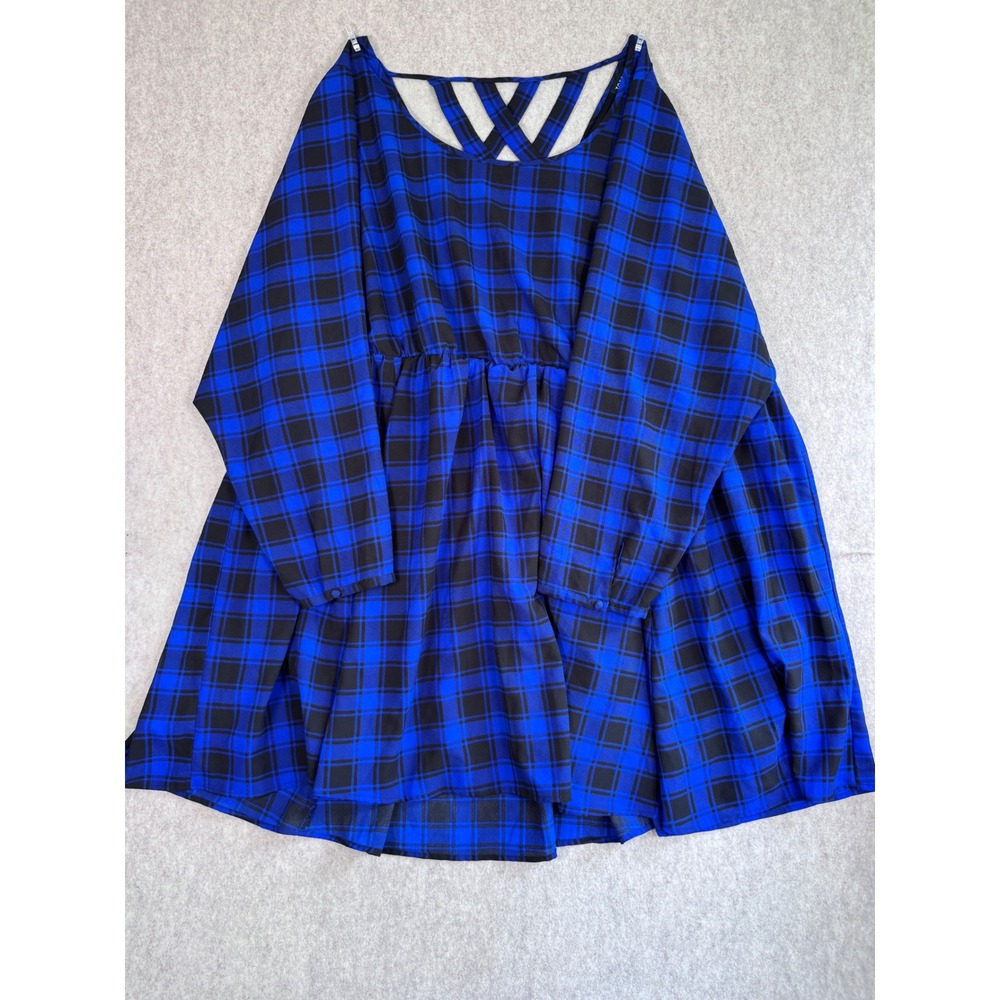 k129. Torrid Blue Black Plaid Babydoll Mini Dress Strappy Back Plus Size 6; 6X